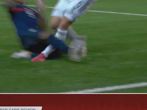 Article image:Video: Chelsea target Jules Kounde given a straight red for France after a dangerous lunge on Arsenal’s Kolasinac