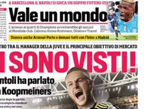 Article image:Today’s Papers: Juventus meeting with Koopmeiners, Lazio crisis, Napoli-Barcelona