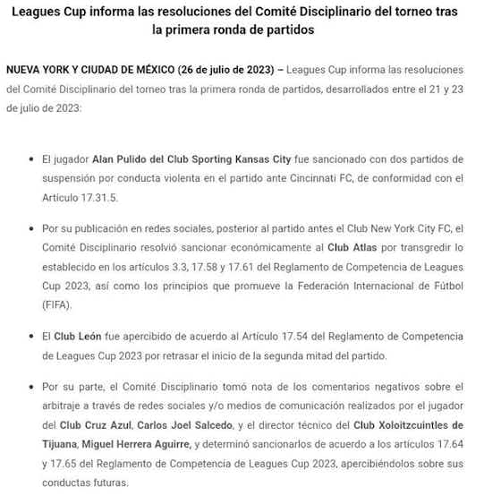 Imagen del artículo:Leagues Cup 'inunda' de castigos a mexicanos tras primera ronda de partidos