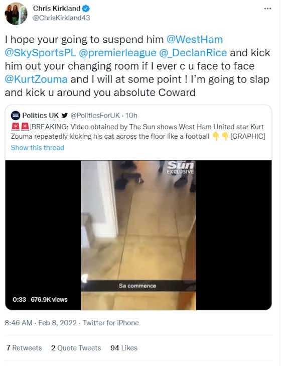 Article image:Former Premier League ace threatens to “slap and kick” West Ham’s Kurt Zouma over cat-kicking video
