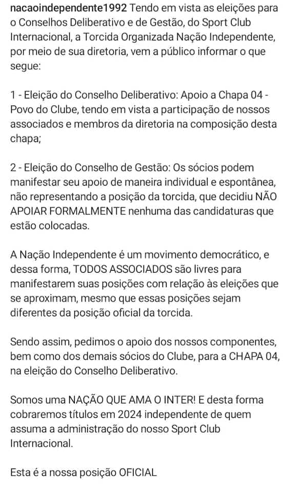 Imagem do artigo:Nação Independente divulga nota oficial sobre as eleições do Inter