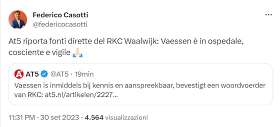 Immagine dell'articolo:Vaessen perde i sensi dopo uno scontro: Waalwijk-Ajax sospesa