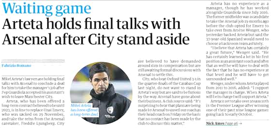 Article image:Arsenal expected to unveil Arteta on Friday despite no contact with City yet
