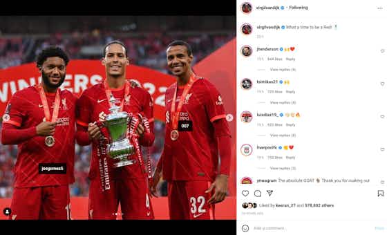 Article image:(Image) Virgil van Dijk tags Joel Matip as ‘007’ in FA Cup-winning post onto his social media after defeating Chelsea at Wembley