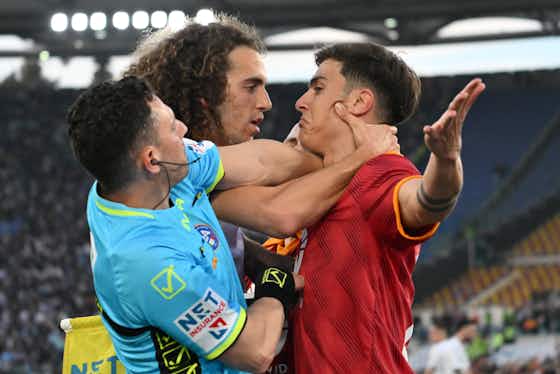 Article image:Watch: Dybala shows Guendouzi his shin pad as tension escalates in Rome derby