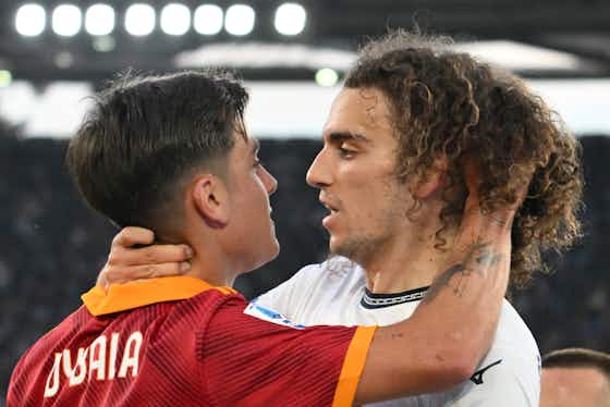 Article image:Watch: Dybala shows Guendouzi his shin pad as tension escalates in Rome derby