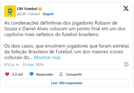 Imagen del artículo:Durísimo comunicado de la CBF contra Robinho y Dani Alves