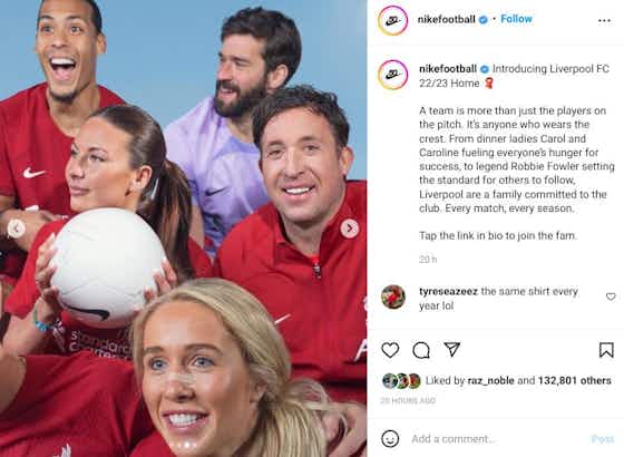 Article image:(Image) Robbie Fowler’s iconic nose-strip recreated in Liverpool’s new home kit photo shoot by Missy Bo Kearns