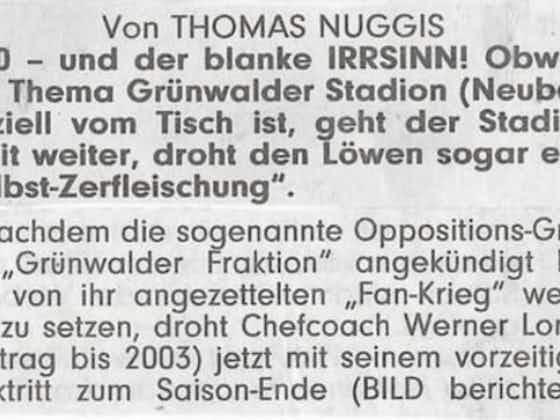 Artikelbild:Heute vor 23 Jahren berichtet "BILD": Stadion-Streit! Grünwalder Fraktion! Tiefe Spaltung!