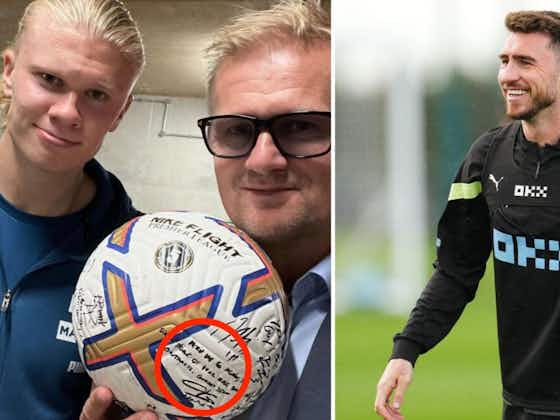 Article image:Erling Haaland: Aymeric Laporte's brilliant message on his match ball after Man Utd hat-trick