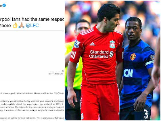 Article image:Patrice Evra hits out at Liverpool fans for lacking ‘respect and class’ after Man United legend suffered racist abuse from Luis Suarez as ace shares Reds CEO’s old ‘apology’ letter