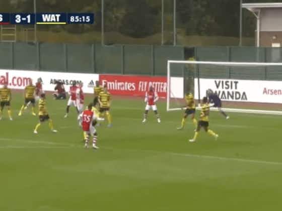 Article image:Video: Miguel Azeez curls sweet strike from outside the box beyond Watford’s keeper to extend Arsenal’s lead