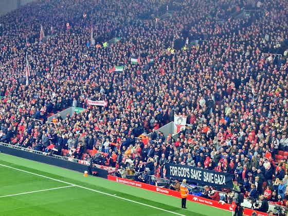 Article image:Liverpool fans show their support for Palestine at Anfield with flags and banners despite Premier League ban
