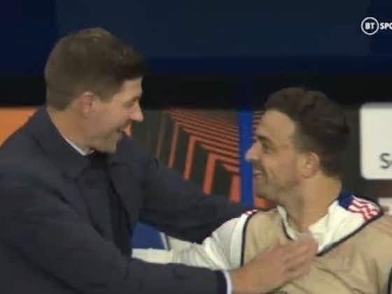 Article image:(Photo) Steven Gerrard spotted embracing former Liverpool star Xherdan Shaqiri during Europa League clash