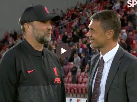 Article image:Watch: Milan director Maldini shares a laugh and a hug with Liverpool boss Klopp