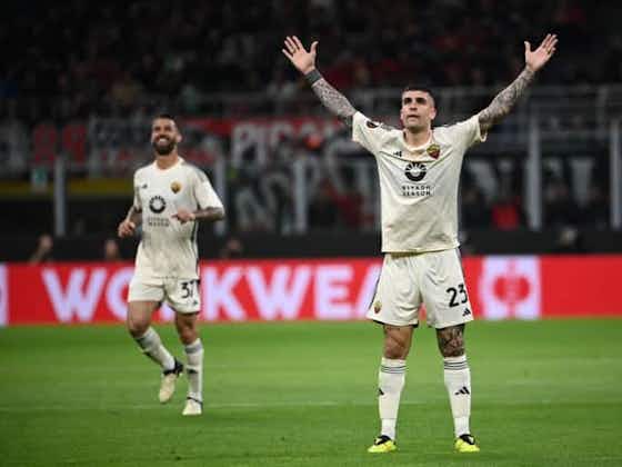 Article image:Gianluca Mancini celebrates 1-0 victory over Milan in first leg of Europa League quarterfinals
