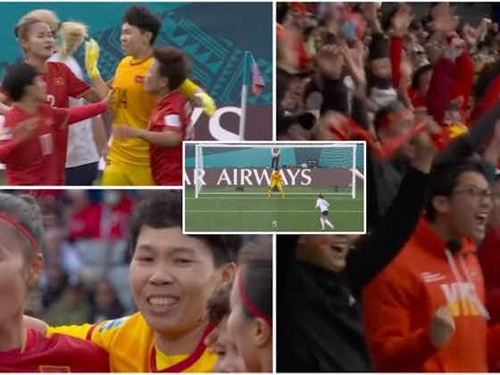Article image:Vietnam goalkeeper mobbed by teammates after Alex Morgan penalty save at Women's World Cup