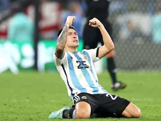 Article image:Argentina players react to Lisandro Martinez’s hero tackle in win against Australia