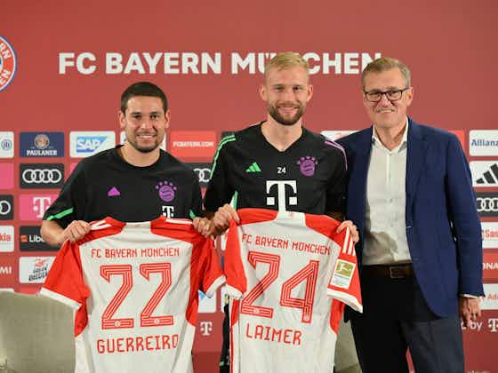 Article image:Raphaël Guerreiro and Konrad Laimer presented as Bayern Munich players