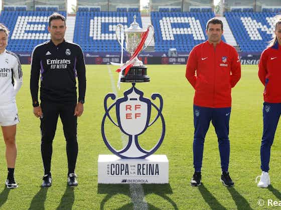 Article image:Real Madrid and Atlético Madrid coaches and captains pose with the Queen's Cup