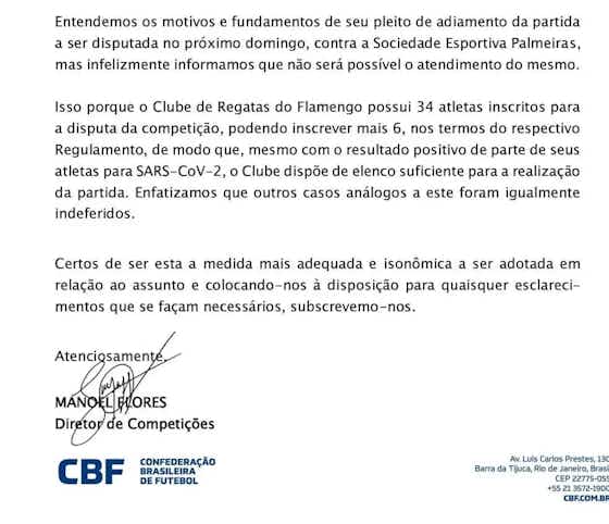 Imagem do artigo:Palmeiras x Flamengo: CBF divulga carta e confirma: “vai ter jogo”