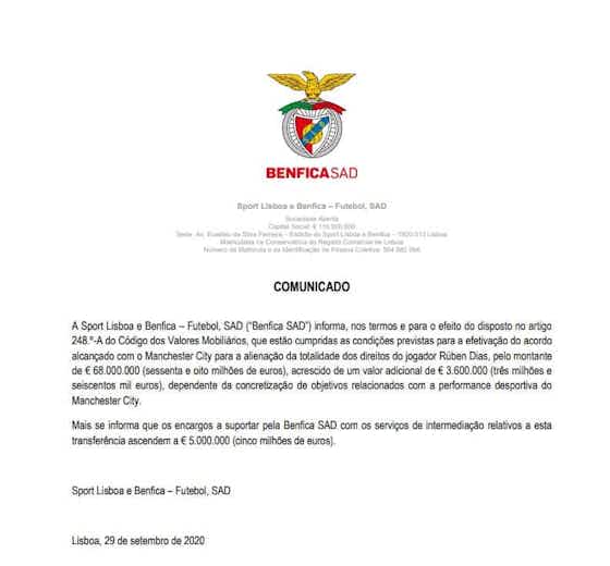 Imagem do artigo:Benfica comunica à CMVM a comissão do negócio
