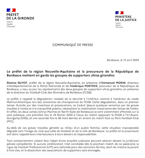 Image de l'article :Huis clos, dissolution, la Préfecture de Gironde met les points sur les i avant Bordeaux-Bastia
