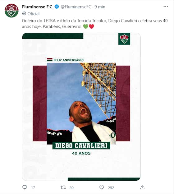 Imagem do artigo:Aniversariante do dia, Diego Cavalieri, goleiro do tetra, é parabenizado pelo Fluminense
