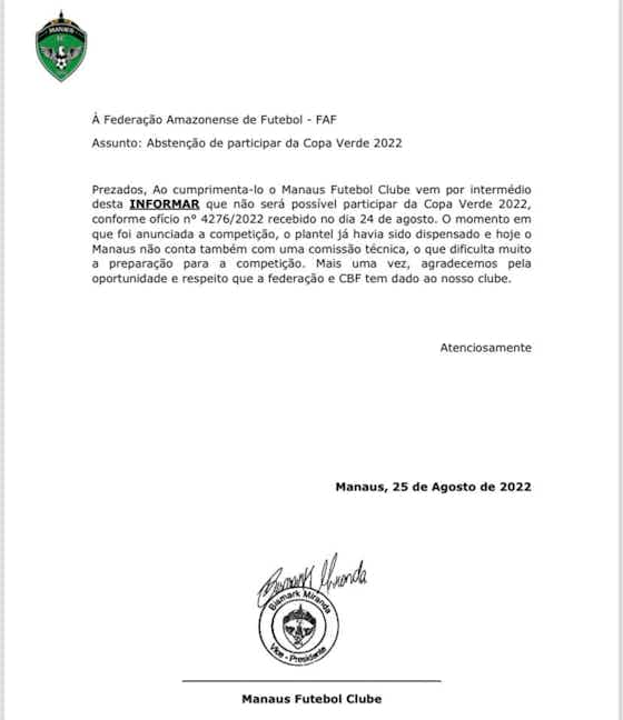 Imagem do artigo:Manaus oficializa desistência de participação na Copa Verde de 2022