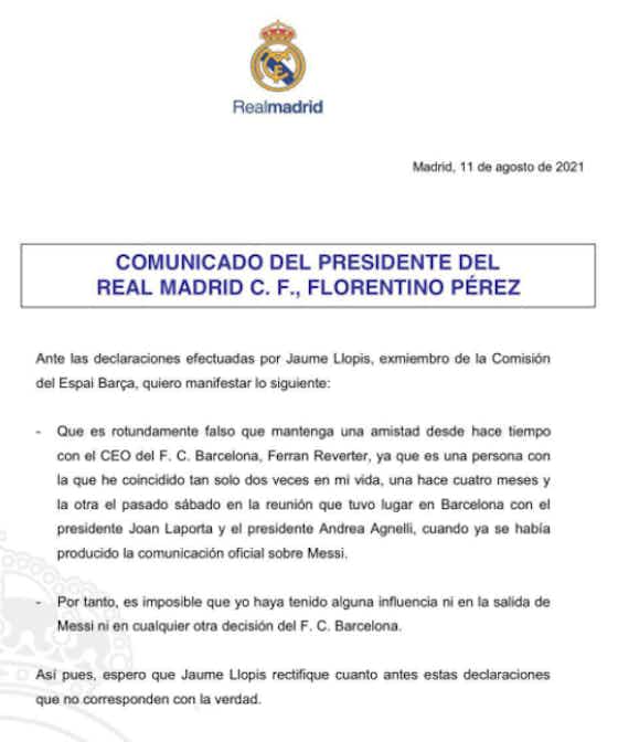 Imagen del artículo:Florentino Pérez desmiente a Jaume Llopis en un comunicado oficial