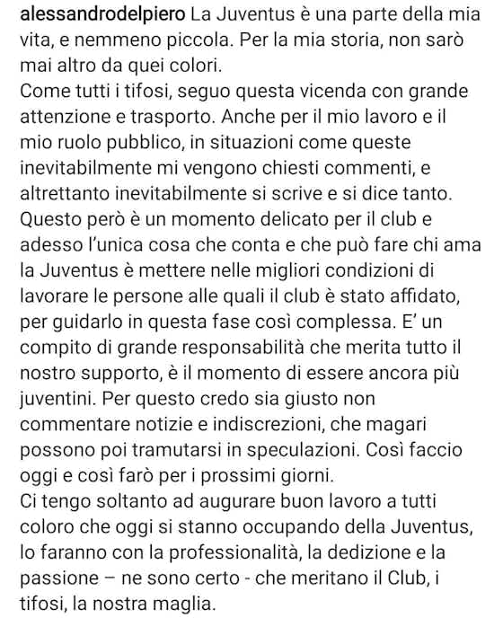 Immagine dell'articolo:Del Piero ai tifosi: “È il momento di essere ancora più juventini”, poi sul possibile ritorno alla Juventus