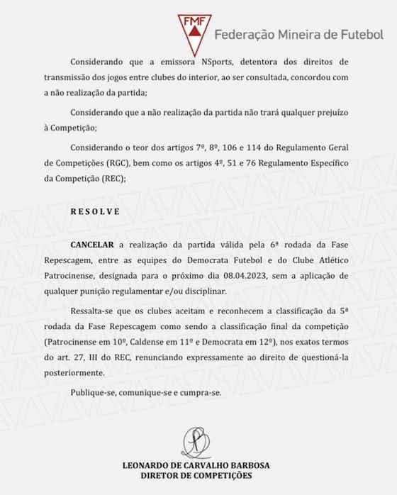 Imagem do artigo:Campeonato Mineiro: FMF cancela última rodada da triangular do rebaixamento entre Democrata-SL e Patrocinense