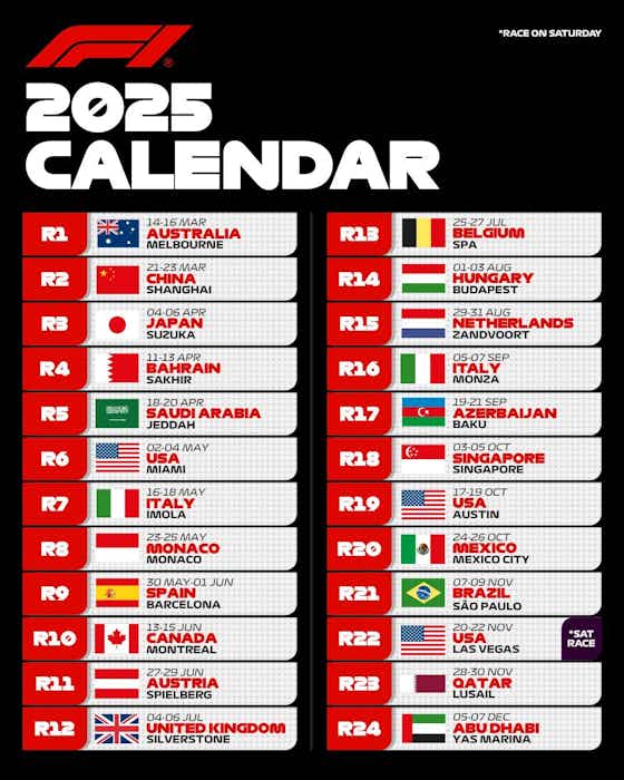 Imagen del artículo:Así es el nuevo calendario de la F1 en 2025: 24 carreras, Australia al frente y 5 semanas de parón veraniego