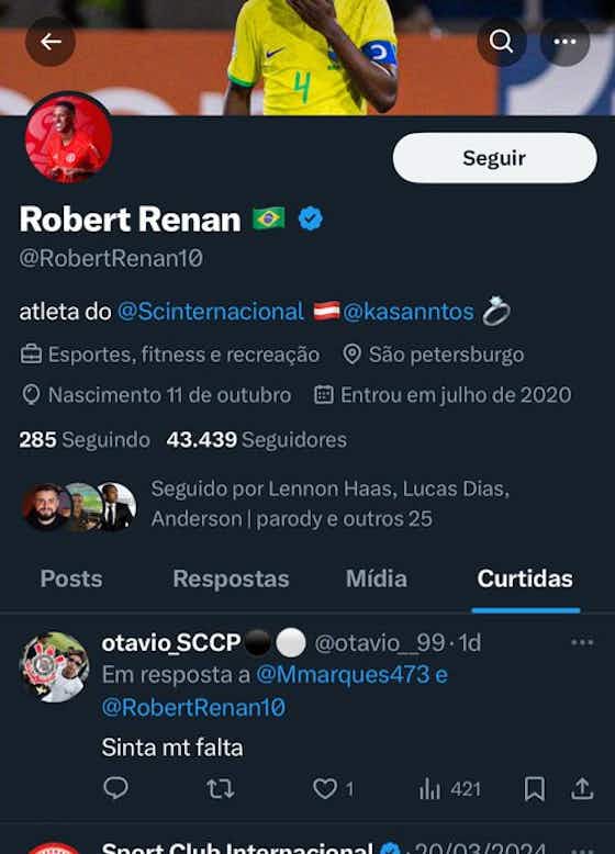 Imagem do artigo:Robert Renan se envolve em nova polêmica ao curtir comentário de torcedor rival; confira