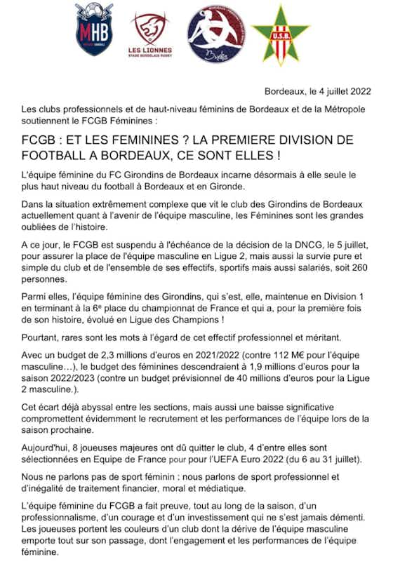 Image de l'article :Les clubs professionnels de haut niveau féminin de Bordeaux soutiennent le FCGB féminin