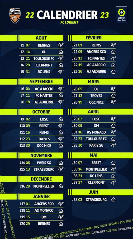 Image de l'article :Ligue 1 - Le calendrier complet du FC Lorient pour la saison 2022-23