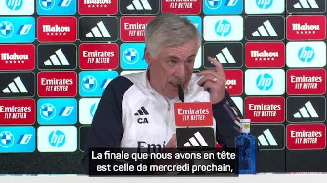 Image d'aperçu pour Real Madrid - Ancelotti : "La finale que nous avons en tête est celle de mercredi, contre le Bayern, et Lunin jouera"