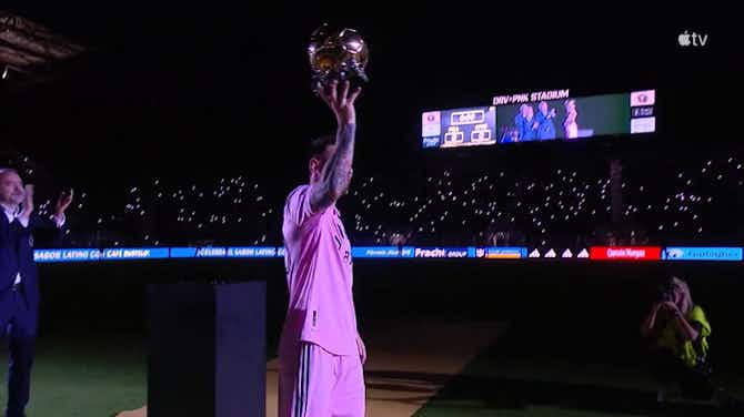 Preview image for Messi shows off his eighth Ballon d'Or to the Inter Miami crowd